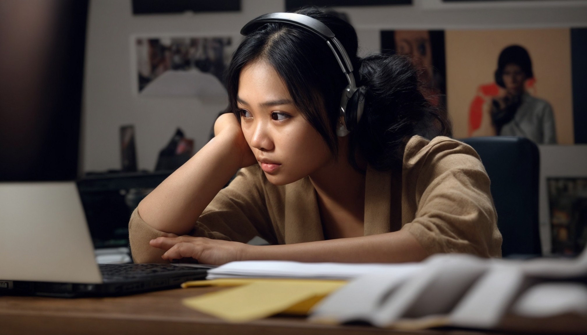 Seorang wanita muda sedang mengonsumsi konten hiburan digital secara intens di depan layar laptop