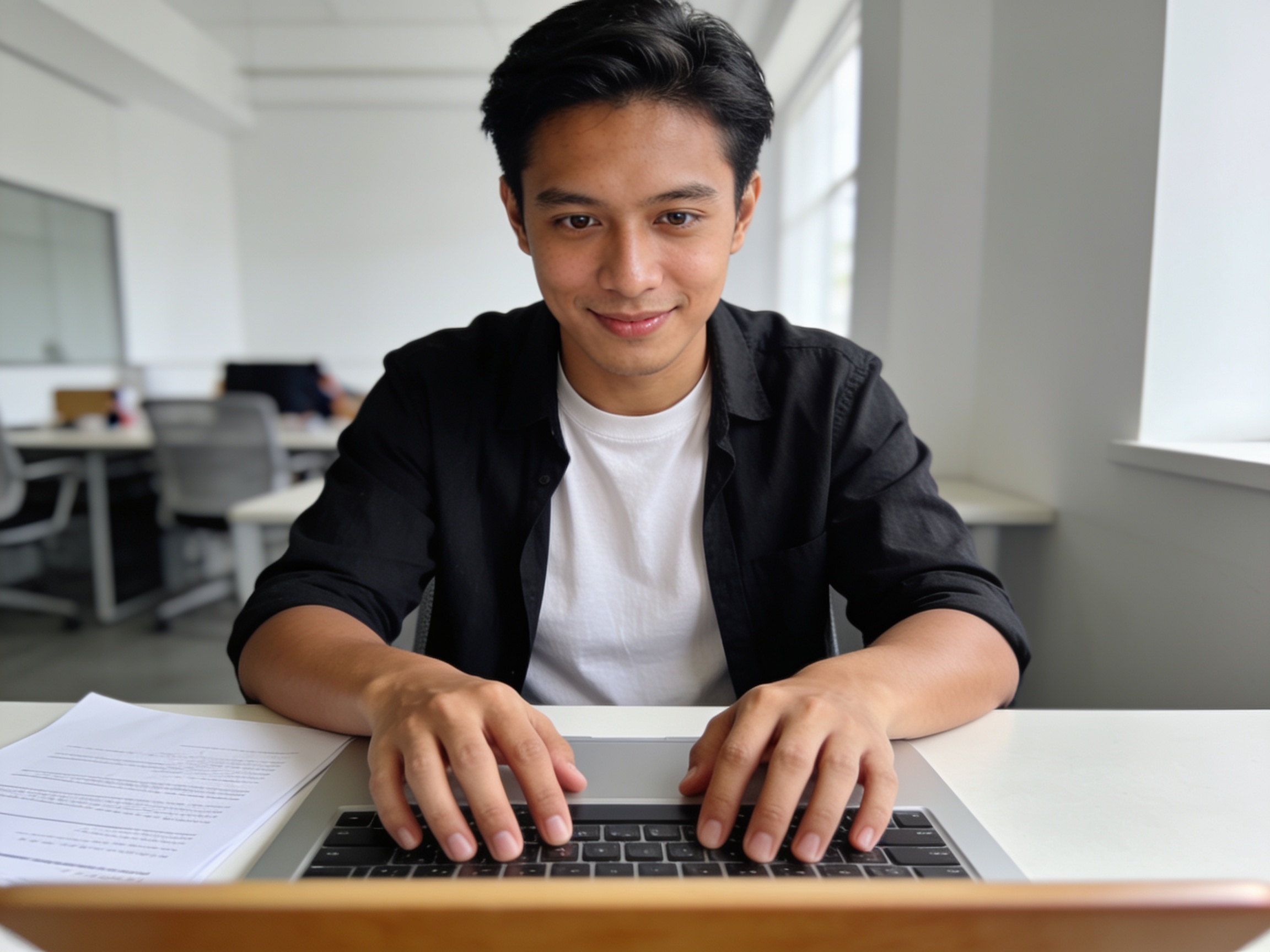 Seorang freelancer Gen Z sedang bekerja serius di ruang kerja modern dengan pencahayaan alami.