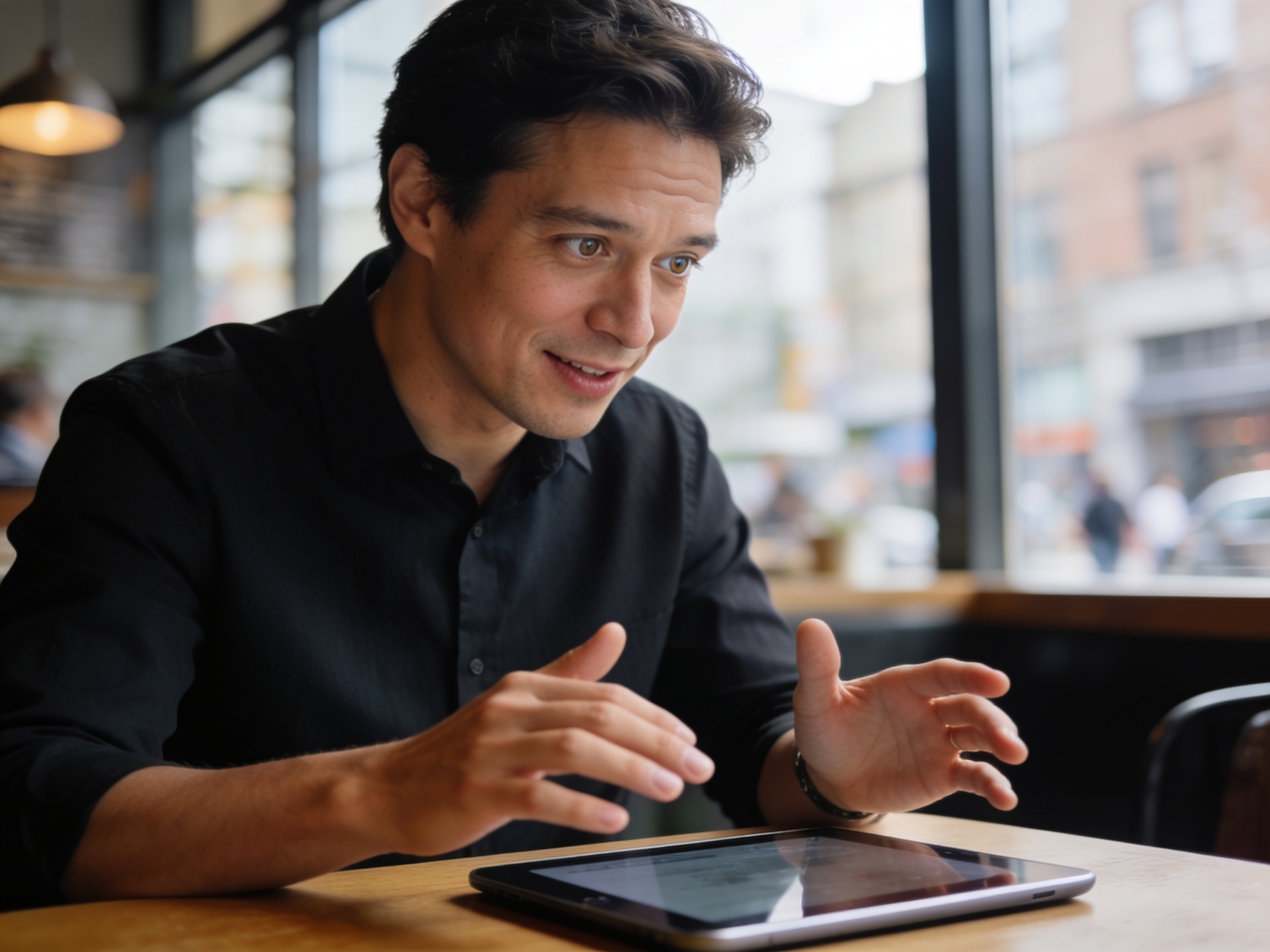Profesional urban mengamtablet dengan ekspresi kritis di kafe modern