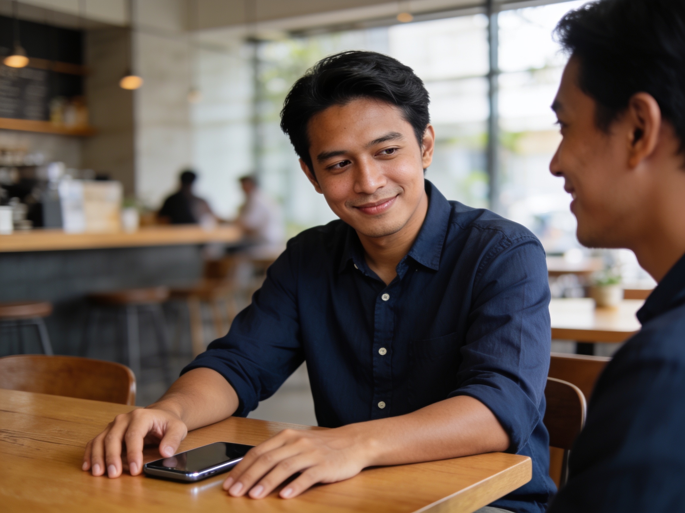 Pria Indonesia asik memakai smartphone di kafe menunjukkan dampak teknologi kehidupan sosial modern.