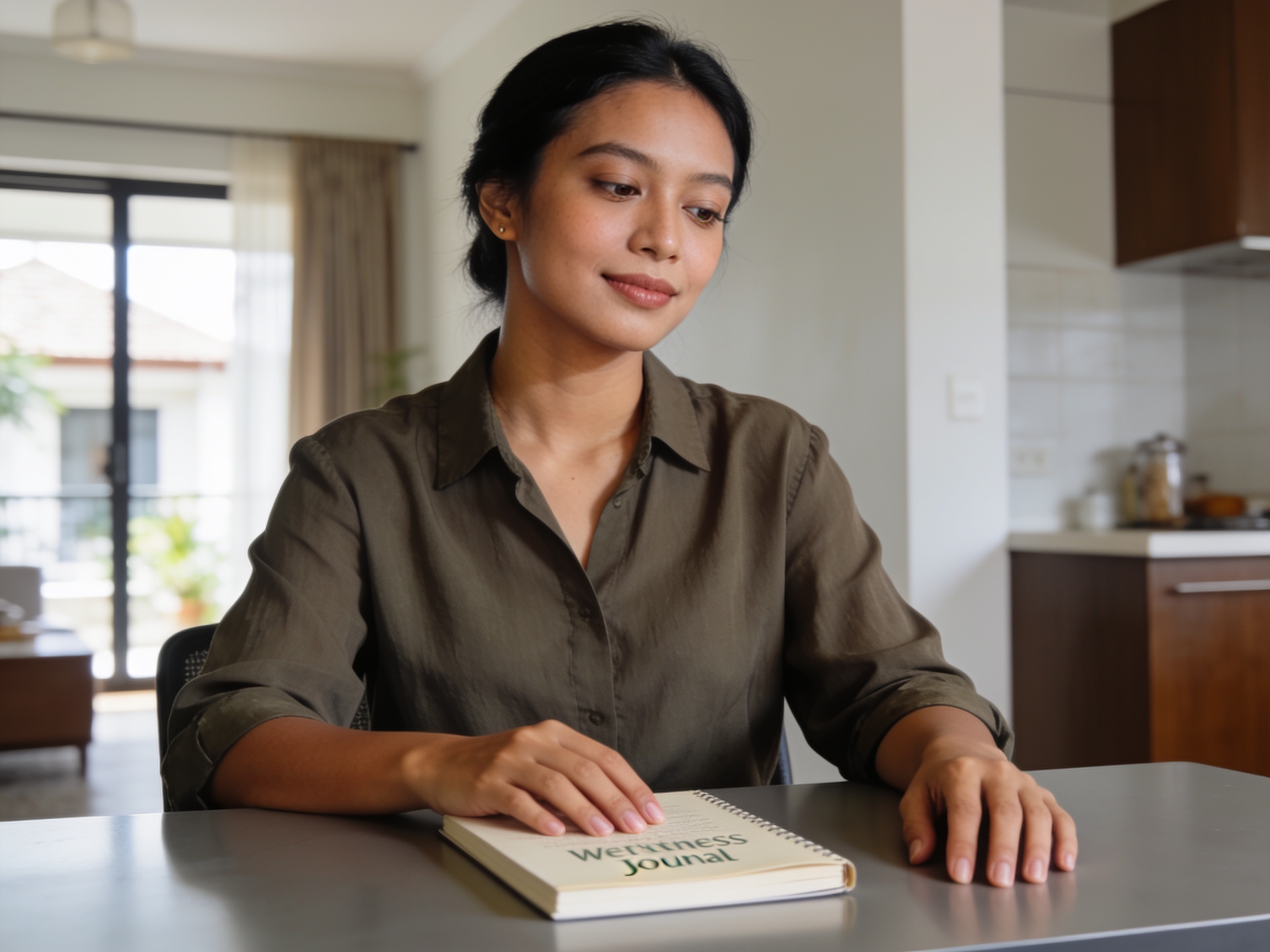 Wanita Indonesia memeriksa jurnal kesehatan menilai tantangan gaya hidup sehat digital